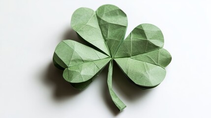 Paper Four-Leaf Clover Origami on White Background, St. Patrick's Day Craft
