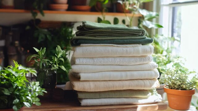 A neatly stacked pile of folded linen fabrics in shades of white, beige, and green sits on a wooden surface, with potted green plants and shelves in the softly lit background.