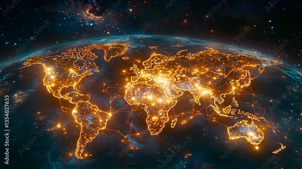 Poster a stylized image depicts the earth from space, with continents outlined in glowing orange lines that