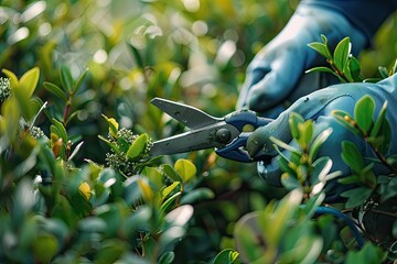 Detailed Color Image of Professional Landscaper Trimming Shrub