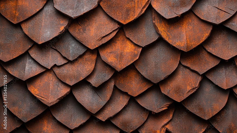Aufkleber close-up view showcasing a textured surface made of overlapping rusty brown scale-like elements arra