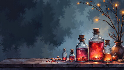 Magical potion bottles on dark table with soft glowing highlights, Halloween theme