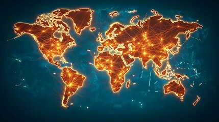 The image shows a stylized world map with glowing orange lines representing connections between major cities and continents, set against a dark teal background.