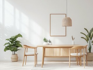 A minimalistic dining area featuring a wooden table, chairs, and indoor plants.