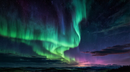 Naklejka premium stunning display of northern lights illuminates night sky with vibrant green and purple hues, creating magical atmosphere over serene landscape