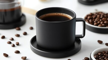 A cup of freshly brewed filter coffee in a minimalist black mug, surrounded by coffee beans on a white table.