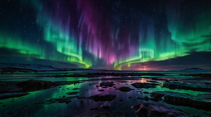 Fototapeta premium Breathtaking aurora borealis illuminates night sky with vibrant green and purple hues, reflecting on tranquil water surface surrounded by rocky terrain