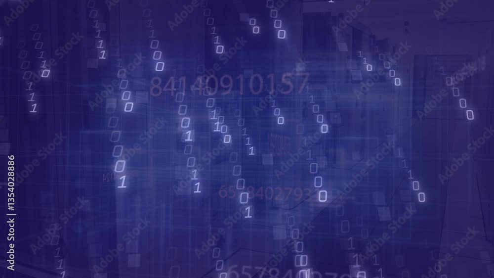Poster animation of binary code and numbers floating over digital cityscape background