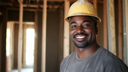 A construction worker stands inside a building under renovation, smiling as he wears a safety helmet