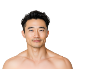 Shirtless East Asian man with clean skin smiling at camera on white background