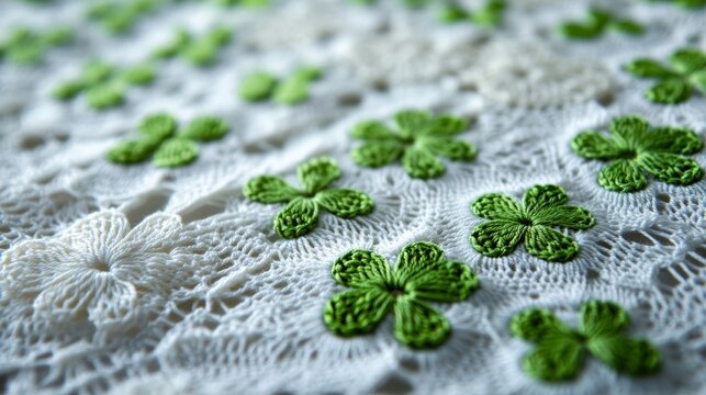 Crocheted four-leaf clover patterned fabric handmade delicate and beautiful weave white and green color combination