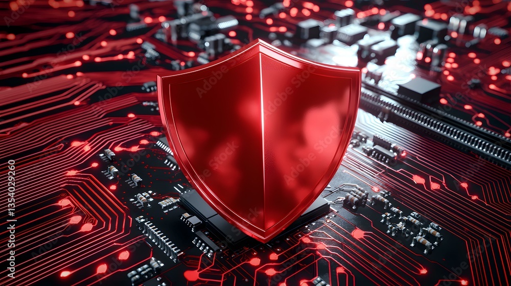 Poster a red metallic shield rests on a glowing red circuit board, symbolizing digital security and protect