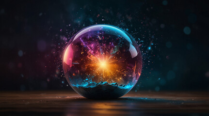 Fototapeta premium mesmerizing crystal ball radiates vibrant colors, showcasing burst of energy at its core. ethereal glow and dynamic particles create captivating atmosphere, evoking sense of wonder and mystery