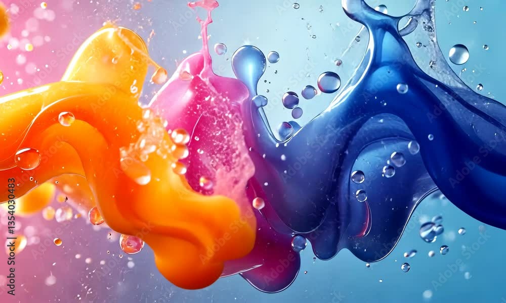 Poster dynamic abstract shot of viscous colored liquids merging in mid-air with droplets