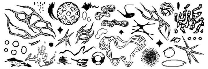 Abstract graphic pixel shape asset pack. Pixelated and bitmap abstract geometric figures in vector for design template, poster, sticker. Trendy elements isolated on white background. © gorozhinak