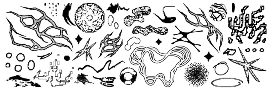 Abstract graphic pixel shape asset pack. Pixelated and bitmap abstract geometric figures in vector for design template, poster, sticker. Trendy elements isolated on white background.