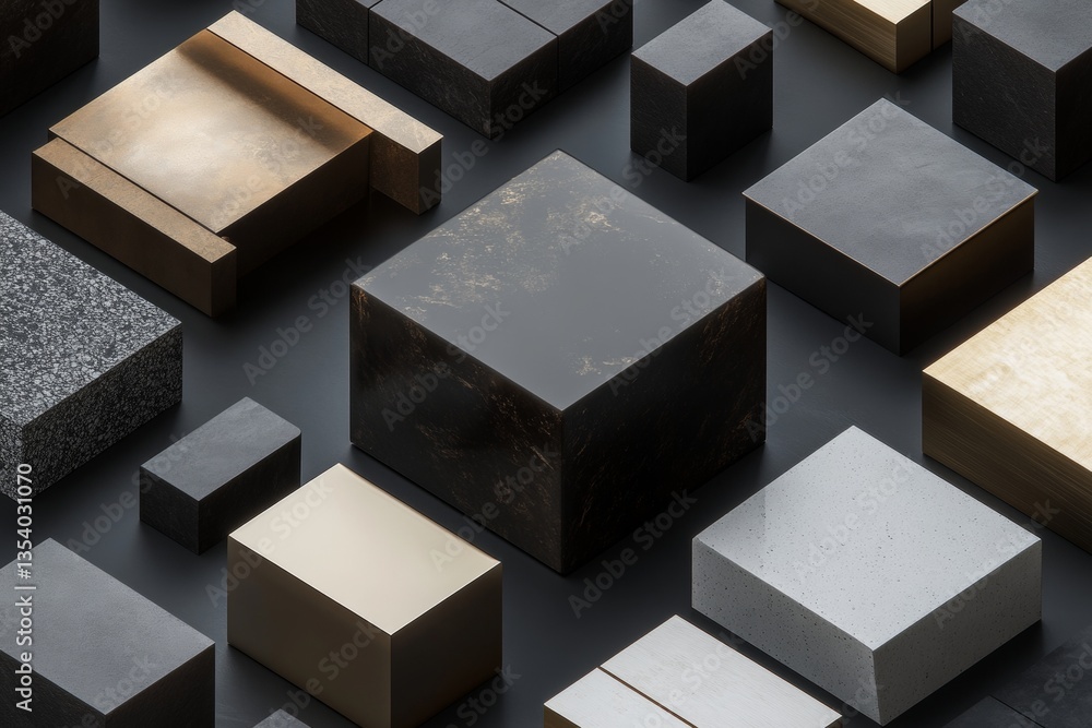 Poster modern isometric art a fusion of smooth bronze forms and sharp angular shapes on dark background