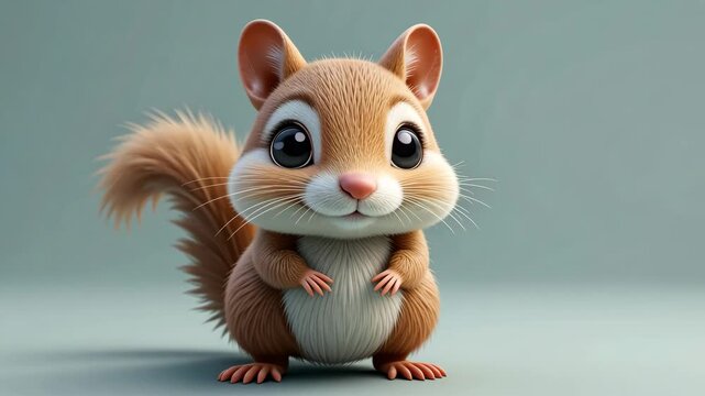 Animated Squirrel with Big Eyes Smiling in Front of a Soft Teal Background