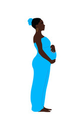 Pregnant black woman standing side view, hands on belly. African american Mother expecting baby. Future mom. Pregnancy, motherhood concept. Flat vector illustration isolated