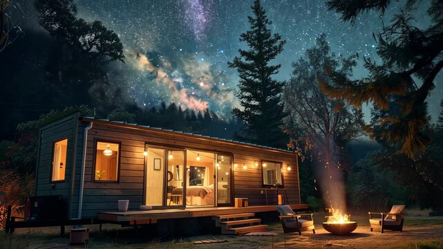 Cozy Tiny Home with Warm Lights Under Starry Sky, Surrounded by Trees and Campfire, Inviting Natures Serenity for Outdoor Living at Night.