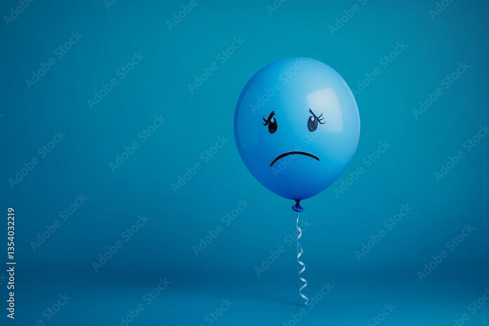 Poster melancholy blue balloon with a frown on a gradient background web banner with text space