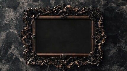 A deep black velvet background with a baroque-inspired ornate bronze frame.