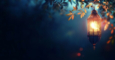 Obraz premium A glowing lantern hangs among leaves, illuminating a serene, dark background.