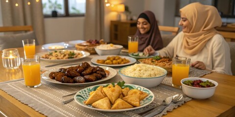 Happy Eid Mubarak. Eid-ul-Fitr. Eid food. young woman having breakfast at home. Delicious Ramadan Iftar Spread with Dates and Drinks.