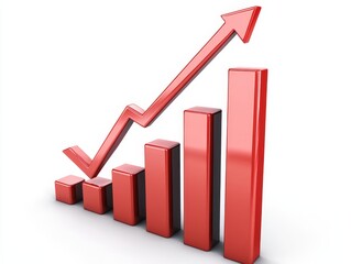 Red upward arrow on growing bar graph against white background illustrates positive trends in data