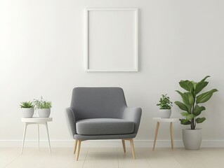 A cozy seating area featuring a gray chair, plants, and a blank frame on a minimalist wall.