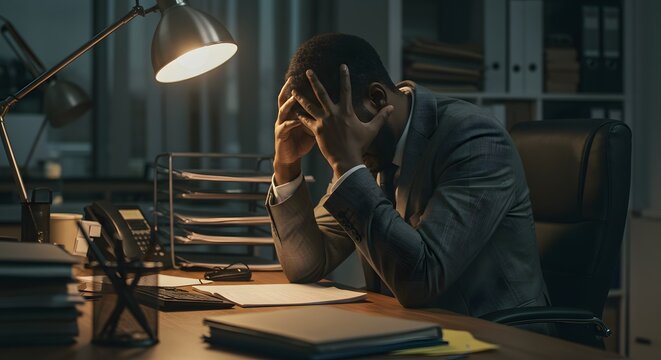 Male employee in a suit sits at a desk with his head in his hands feeling under pressure