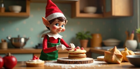 Elf in kitchen baking treats, sweet, baking