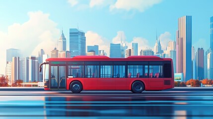 A vibrant red city bus travels along a busy urban street, surrounded by modern skyscrapers and clear skies