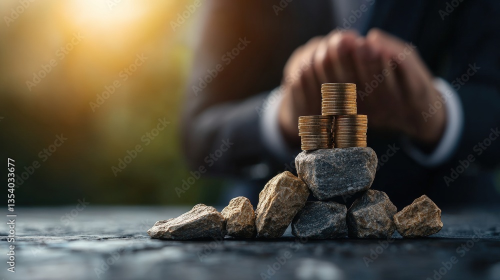 Aufkleber close-up image of gold coins balanced on grey rocks with blurred hands of a suit-clad person protect