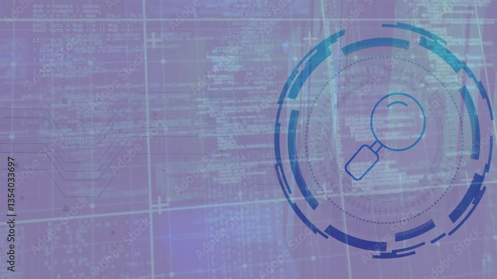 Poster digital code analysis with magnifying glass icon and animation on screen
