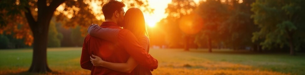 Embracing in a park at sunset, scenery, nature