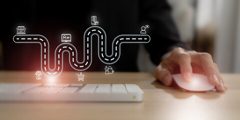 Customer experience journey map concept. Seamless customer experience. A visual representation of the customer journey from product discovery to purchase and engagement, featuring digital icons.