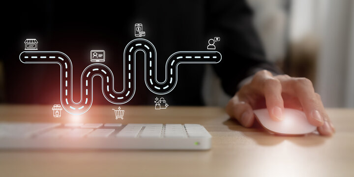 Customer experience journey map concept. Seamless customer experience. A visual representation of the customer journey from product discovery to purchase and engagement, featuring digital icons.
