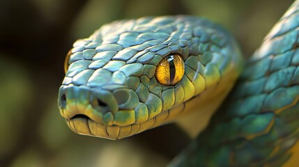 Fototapeta premium Green tree python showing its scales and yellow eyes