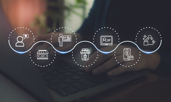 Seamless customer experience concept. Using laptop for providing personalized support throughout the customer journey from product discovery to purchase and engagement, featuring digital icons.