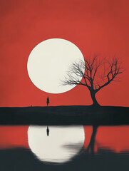 Silhouetted Figure and Tree Reflection in Front of Full Moon, minimalist scene