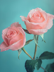 Close-Up of Two Pink Roses with Water Droplets Against Background