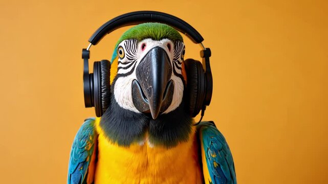 Colorful macaw parrot wearing stylish black headphones against vibrant orange background, showcasing a fun and lively atmosphere