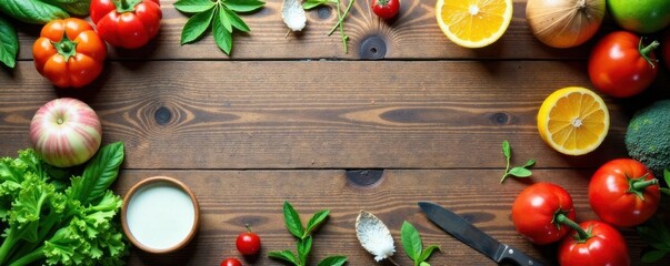 Empty wooden table with scattered kitchen utensils, domestic, dining