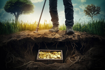Person with metal detector searching for gold coins and ancient relics treasures underground under ground on an outdoors background.