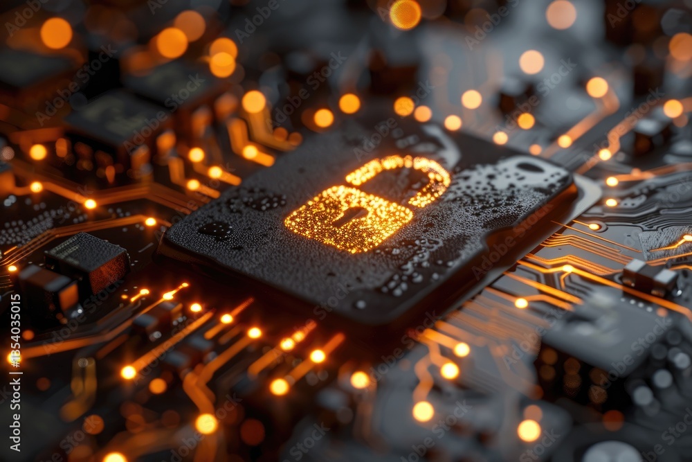 Aufkleber a close up view of a computer chip and a glowing padlock