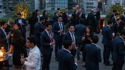 Obraz premium A lively rooftop business networking event at twilight.