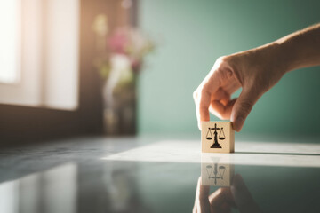 Symbolic Representation of Justice: Hand Placing Balance Scales Block on Polished Surface with Natural Light