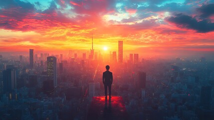 Fototapeta premium Young Professional Silhouette Against Sunset Skyline