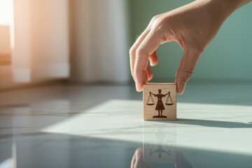 Symbolic Justice Concept with Wooden Scale Block and Hand Illuminated by Gentle Morning Light